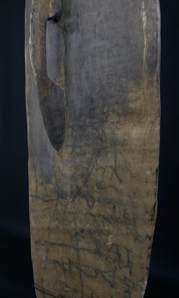 Grand bouclier de guerre Kombai en bois peint sur socle (détail dos)