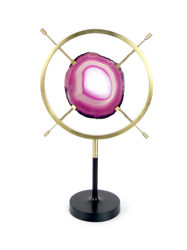 Tranche d’agate rose sertie sur pied en laiton (face)