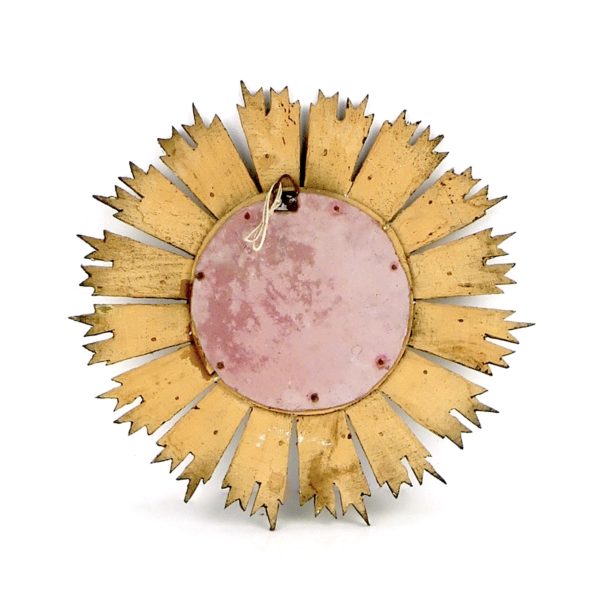 Petit miroir soleil ancien en bois doré œil de sorcière bombé (dos)