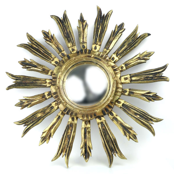 Miroir soleil ancien en bois doré œil de sorcière bombé (face)