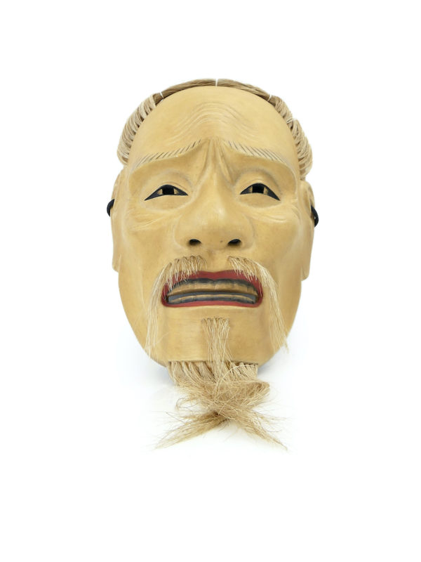 Masque Akobu-jo vieil homme triste signé en bois de cyprès (face)