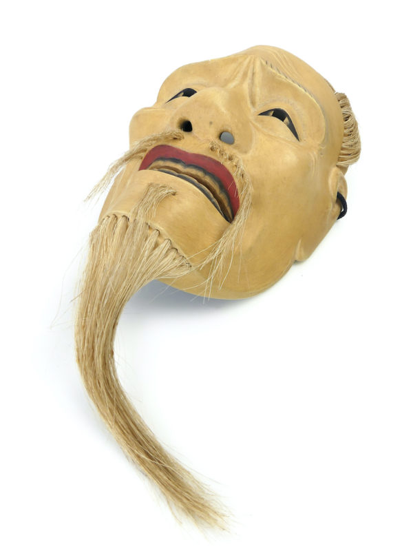 Masque Akobu-jo vieil homme triste signé en bois de cyprès (dessus 3/4)