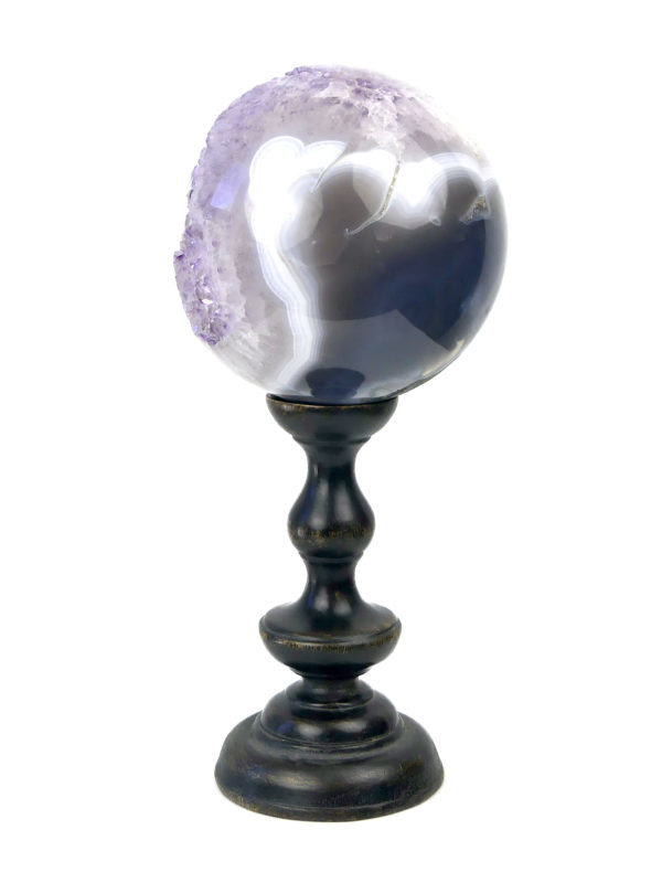 Géode sphérique en améthyste et calcite AAA du Brésil sur pied (3/4 dos)