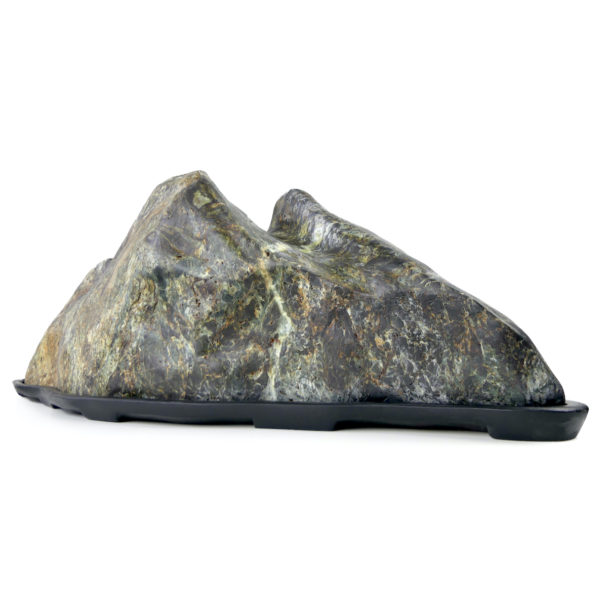 Grande pierre suiseki montagne sur daiza noir Shōwa Japon (face)