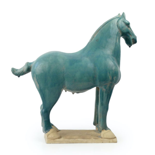Grand cheval Tang bleu en terre cuite émaillée Chine (profil)