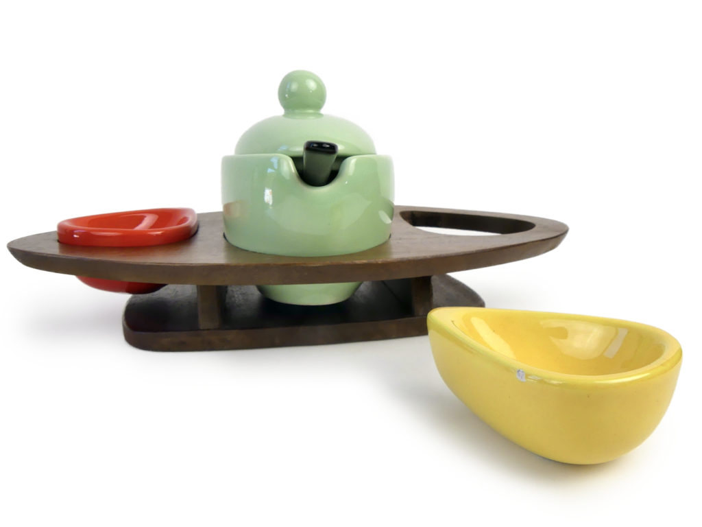 Serviteur De Table Vintage 1950 – Teck Et Verre Vert – Plateau Roulant