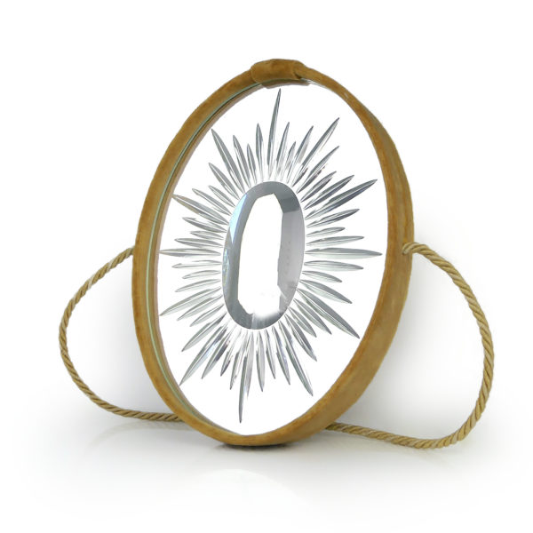 Miroir ovale vitré bombé et ciselé en verre et velours jaune d’or (3/4)