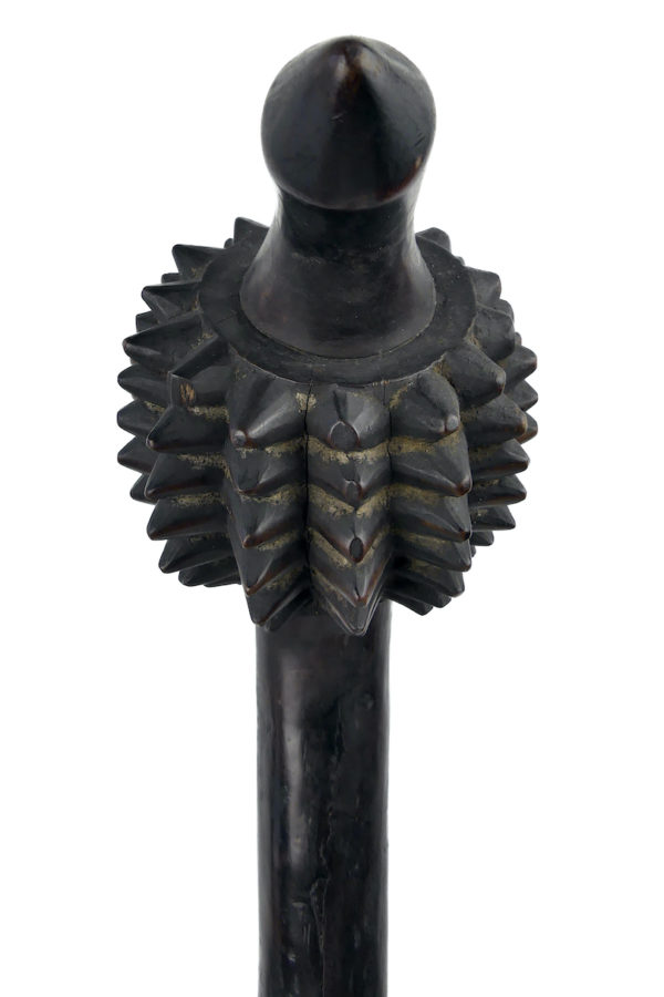 Large massue Totokia fidjienne en bois dur sur socle (détail face)