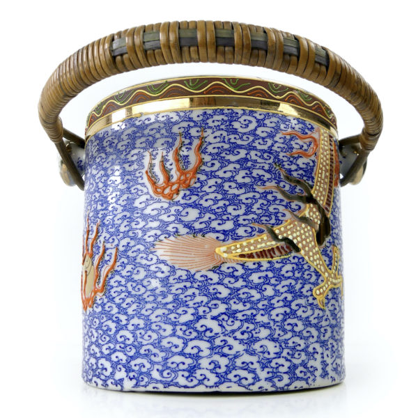 Pot à biscuits satsuma en porcelaine et osier au dragon d’or Japon (dos)