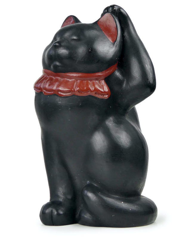 Maneki-neko noir et rouge ancien céramique signée (3/4)