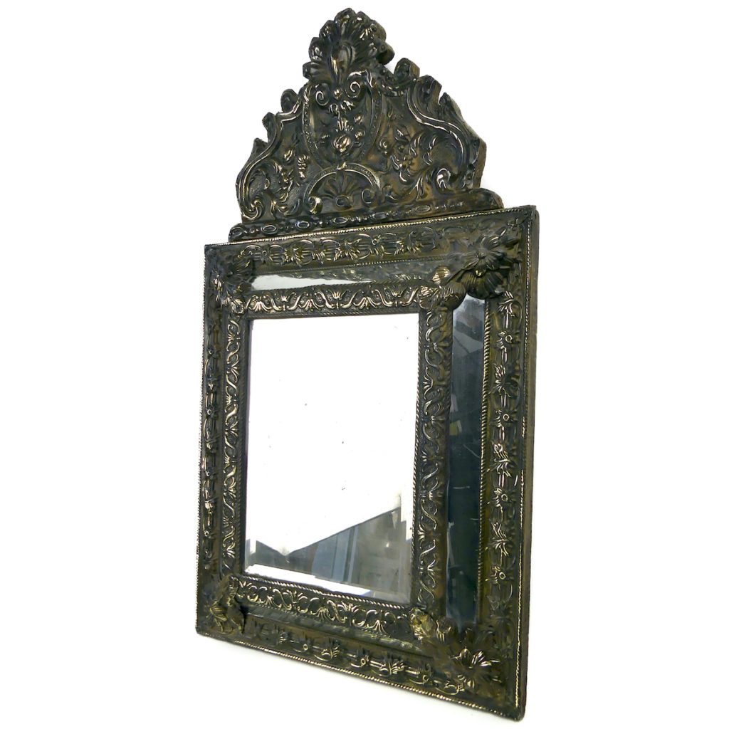 Miroir à Parclose XIXe - Décor De Grenades Et Fleurs - Style Louis XV - Chêne Et Marbre