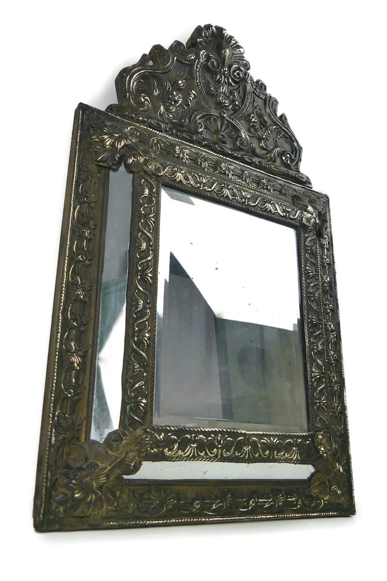 Miroir Ancien à Parcloses En Laiton Repoussé - Fin Du XIXème Siècle - Réf. 767