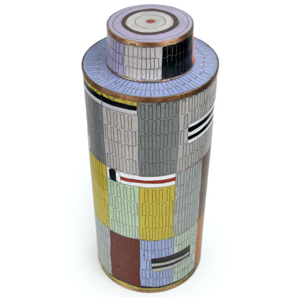 Pot à thé patchwork multicolore en cloisonné émail sur cuivre (face)