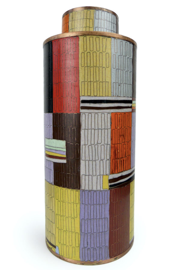 Pot à thé patchwork multicolore en cloisonné émail sur cuivre (face)