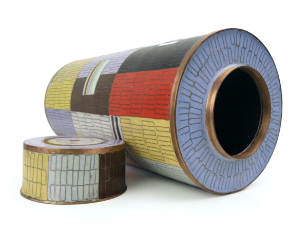 Pot à thé patchwork multicolore en cloisonné émail sur cuivre (3/4 ouvert)