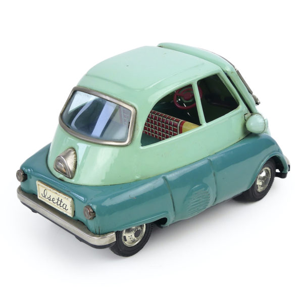 Isetta BMW à friction en tôle bleue des années 60 (3/4 dos)