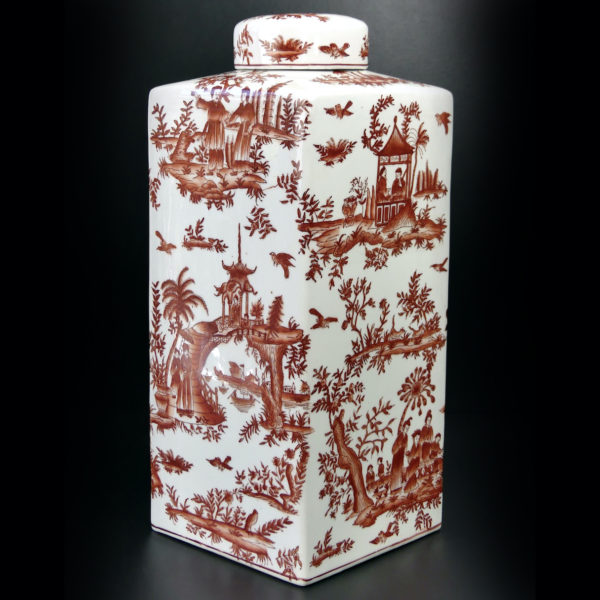 Grand pot couvert chinois blanc et rouge rectangulaire à base carrée (3/4)
