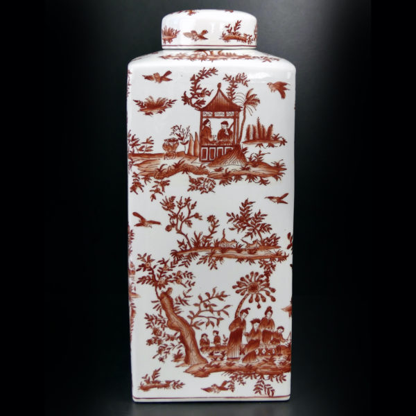 Grand pot couvert chinois blanc et rouge rectangulaire à base carrée (face)