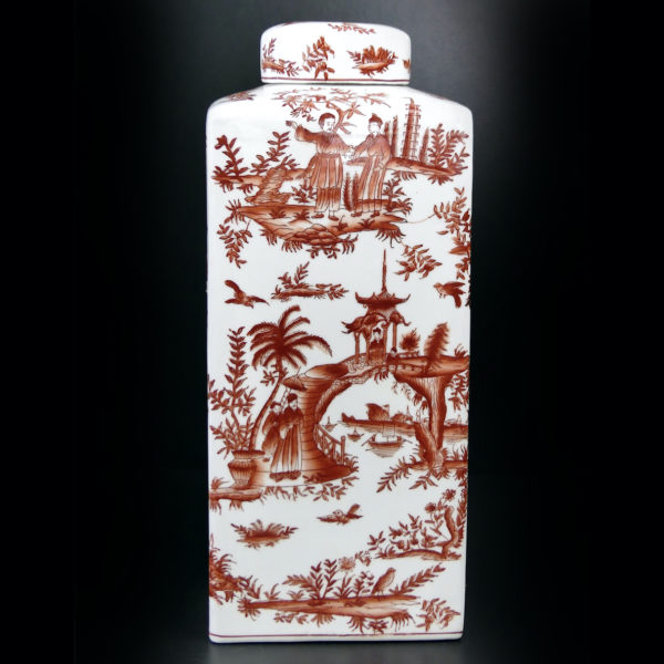 Grand pot couvert chinois blanc et rouge rectangulaire à base carrée (face)