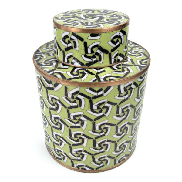 Pot cloisonné vert tendre noir et blanc en émail sur cuivre (face)