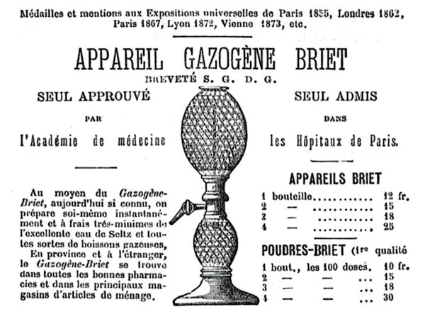 Siphon gazogène BRIET à cannage Eau de Seltz Paris Fin XIXe (publicité)