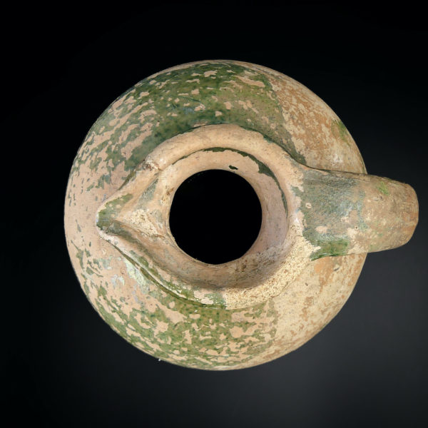 Cruche saintongeaise ancienne terre cuite à glaçure verte XIXe (dessus)