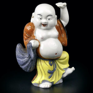 Charmante porcelaine Budai ancienne Bouddha rieur dansant (face)