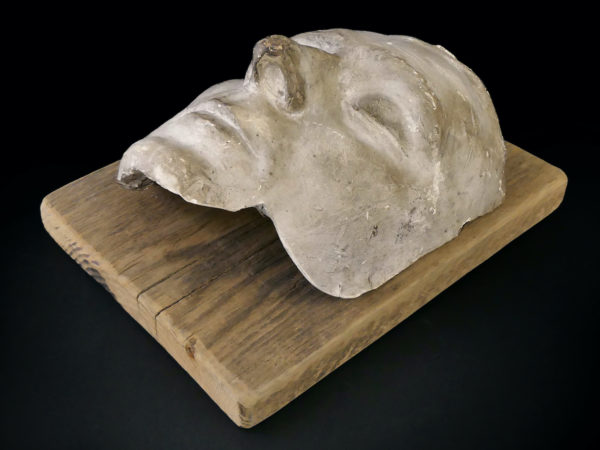 Masque mortuaire ancien en plâtre présenté sur planche de bois brut (3/4)