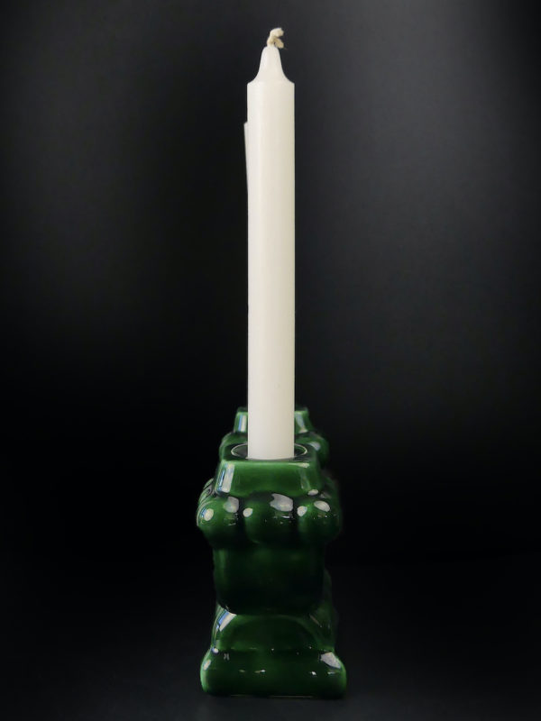 Chandelier en faïence émaillée verte signé S R Bonome Paris 1940 (profil)