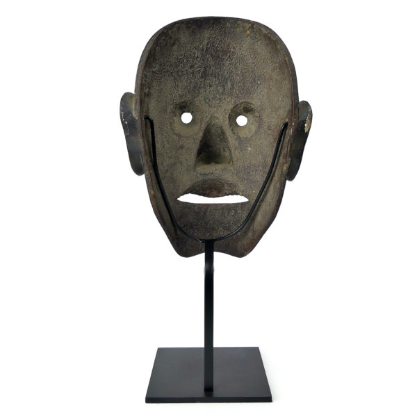 Masque Ôtobide rare XIXe en bois patiné sur socle Théâtre Kyōgen (dos)