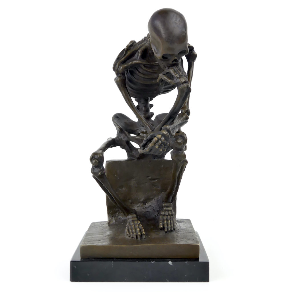 Statue Squelette Le Penseur Façon Bronze, Sculpture Résine 32cm, Sur Socle
