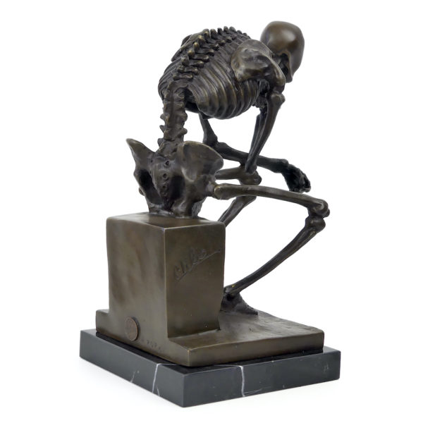 Bronze Squelette penseur massif sur base en marbre noir signé Milo (3/4 dos)