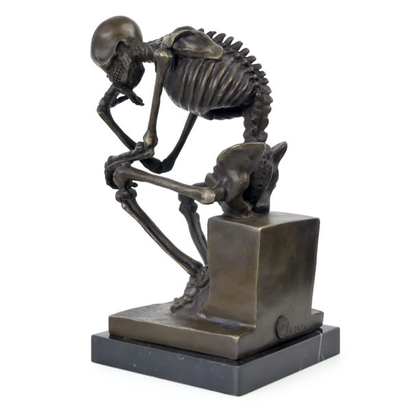 Bronze Squelette penseur massif sur base en marbre noir signé Milo (3/4 dos)