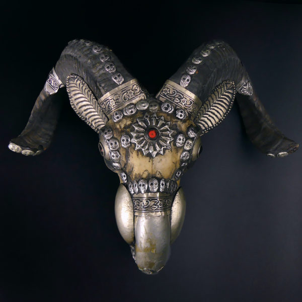 Kapala crâne de bouc tibétain ancien en os et métal argenté Tibet (face)