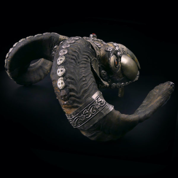 Kapala crâne de bouc tibétain ancien en os et métal argenté Tibet (3/4 dos)