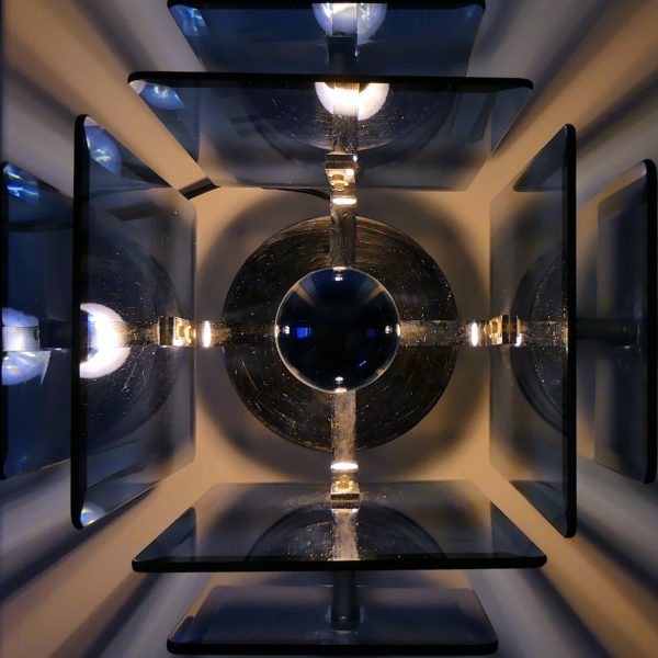 Lampe design cristal bleu acier chromé Space Age Italie Années 70 (allumée dessus)