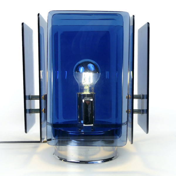 Lampe design cristal bleu acier chromé Space Age Italie Années 70 (face)