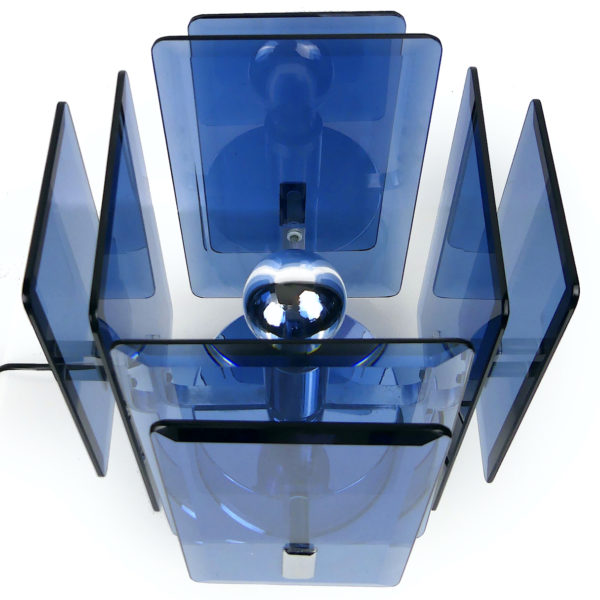 Lampe design cristal bleu acier chromé Space Age Italie Années 70 (dessus 3/4)