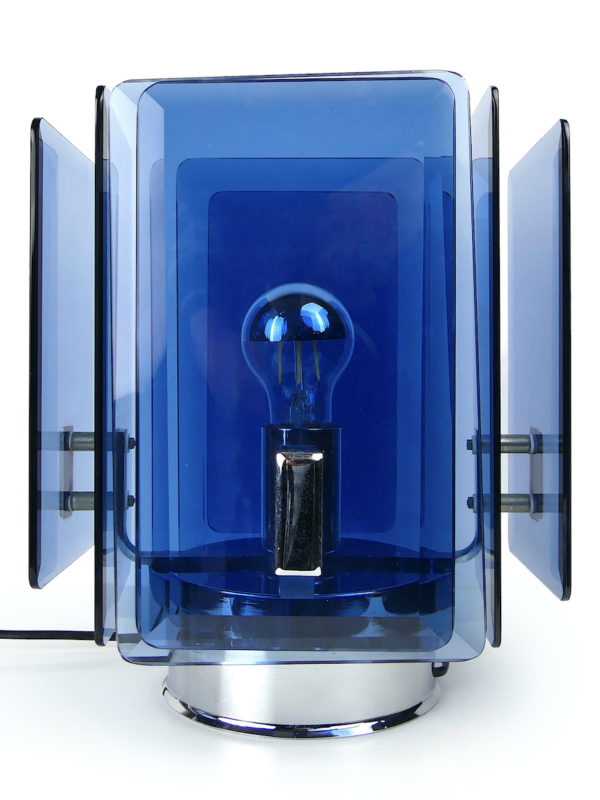 Lampe design cristal bleu acier chromé Space Age Italie Années 70 (face)