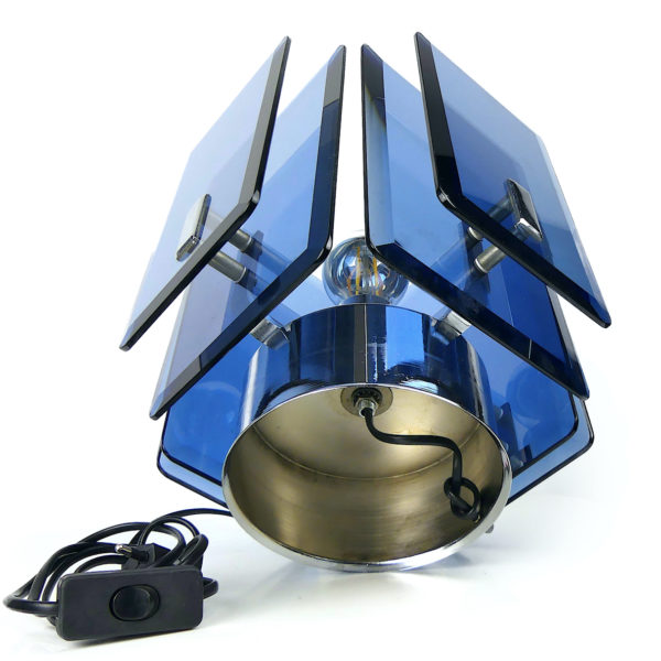 Lampe design cristal bleu acier chromé Space Age Italie Années 70 (dessous)