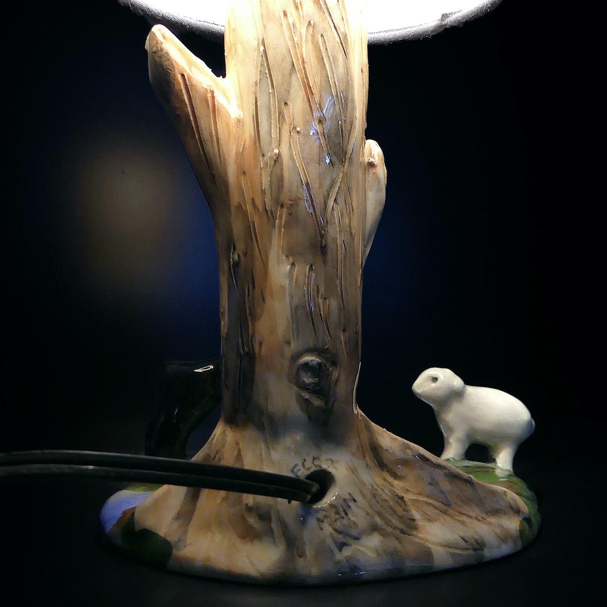 Lampe De Chevet Artisanale Pleine Lune Du Loup - Abat-jour Serviettage, Pied Céramique Blanc, Douille E27, 13x25 Cm