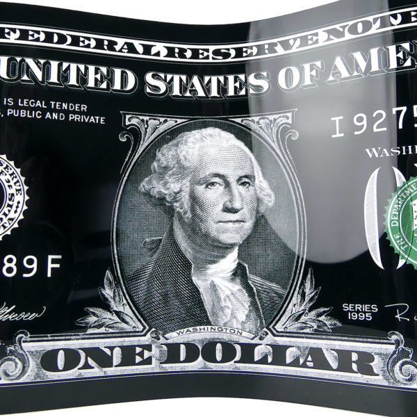 Sculpture One Dollar noir et blanc Karl Lagasse en aluminium gravé (détail)