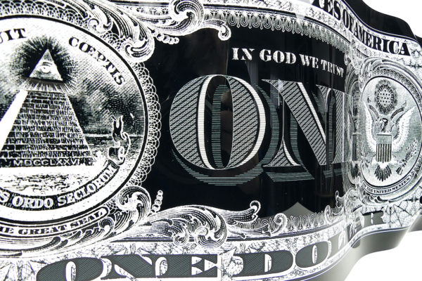 Sculpture One Dollar noir et blanc Karl Lagasse en aluminium gravé (détail)