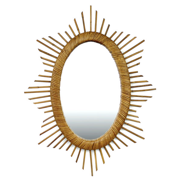 Miroir soleil ovale ancien à rayons en rotin Années 50/60 (face)