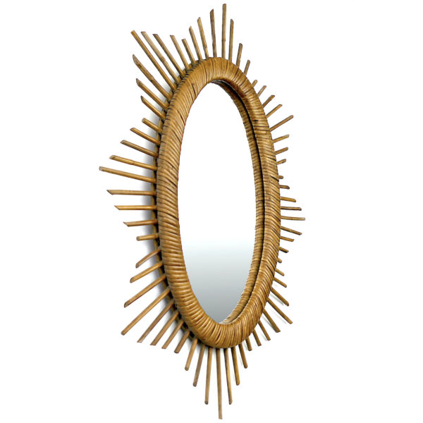 Miroir soleil ovale ancien à rayons en rotin Années 50/60 (3/4)