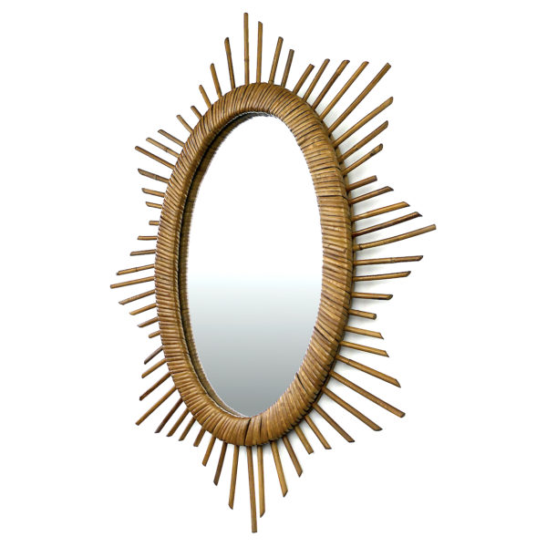 Miroir soleil ovale ancien à rayons en rotin Années 50/60 (3/4)