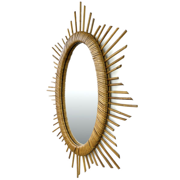 Miroir soleil ovale ancien à rayons en rotin Années 50/60 (3/4)