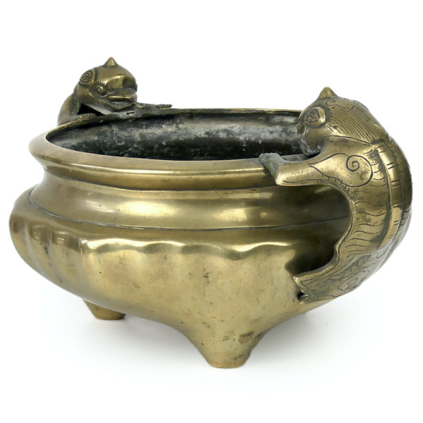 Encensoir chinois tripode chiens de Fô Coupelle en laiton Fin XIXe (3/4)
