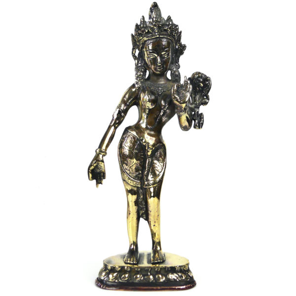 Statuette Tārā debout déesse tibétaine Bodhisattva en laiton et cuivre (face)