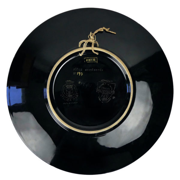 Grand plat rond Longwy Louis Valenti faïence noire aux flamants roses France Mi-XXe (dos)